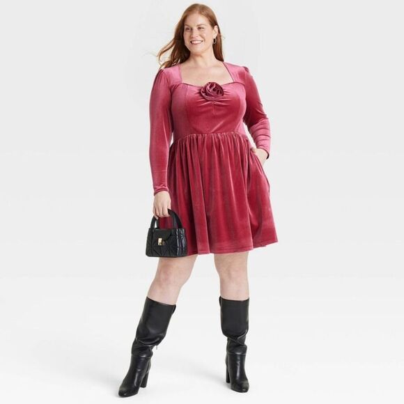 Open Box - Ava & Viv - Women's Long Sleeve Rosette Midi A-Line Dress - Av Red - Picture 3 of 3